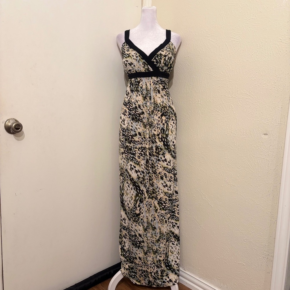 Earth Tone Abstract Animal Print Maxi Dress Empire Waist V Neck Grecian Sz S